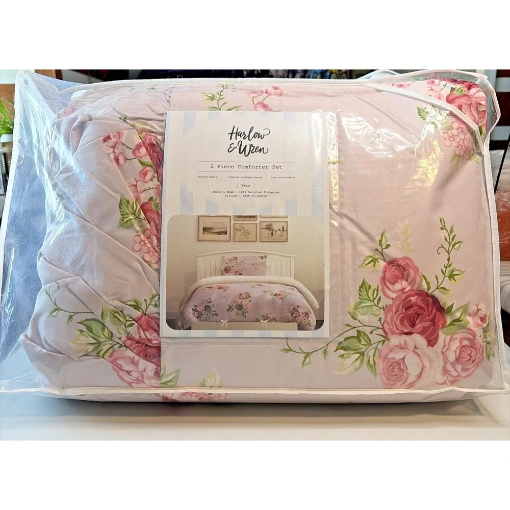 Harlow & Wren Comforter Set Pink Floral w/ Rouching - Twin XL